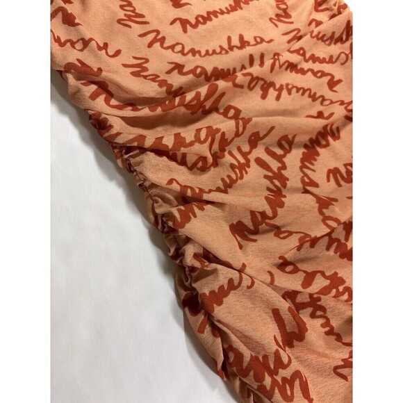 Nanushka Alexa Maxi Dress Orange Peach Logo Print Large Cinched Ruched Bodycon - Picture 10 of 16